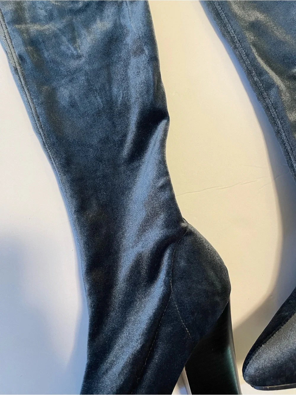 Zara Boots Over The Knee Size 9 Blue Velvet Pointed Toe Block Heel Pull On Party